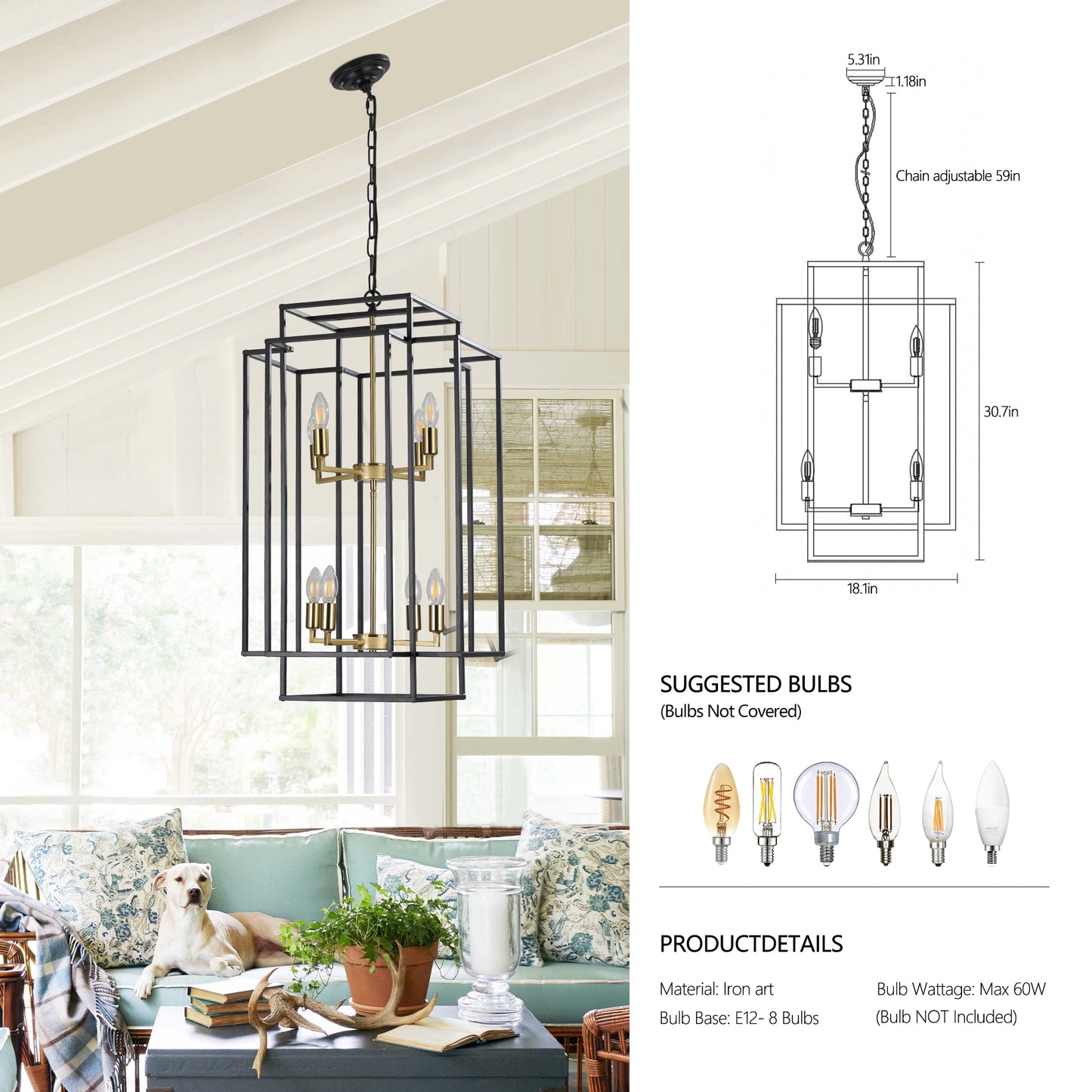 Modern Black Gold Chandelier – 8-Light Geometric Dining Room Fixture