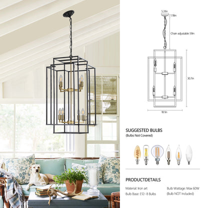 Modern Black Gold Chandelier – 8-Light Geometric Dining Room Fixture